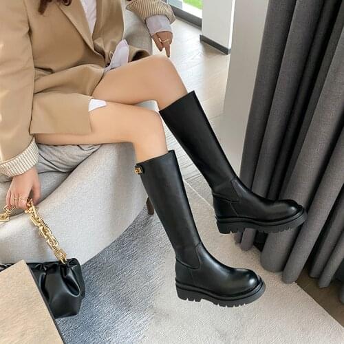 SKLFGXZY Designer Platform Chelsea Boots Women Genuine Leather Knee High Boots Thick Bottom Shoes Autumn Winter Boots Female