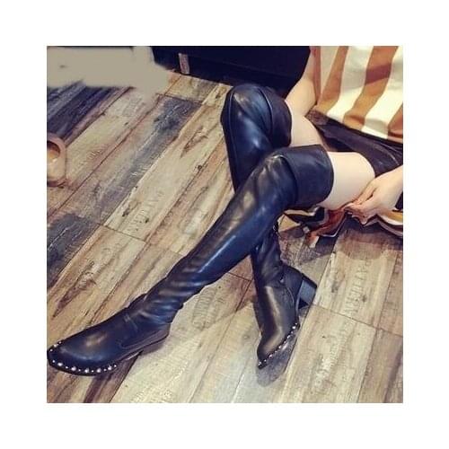 2018 Europe Winter Thin Flat Bottom Over Knee Pointed Toe Rivet Long Boots Elastic Self-cultivation Women Boots