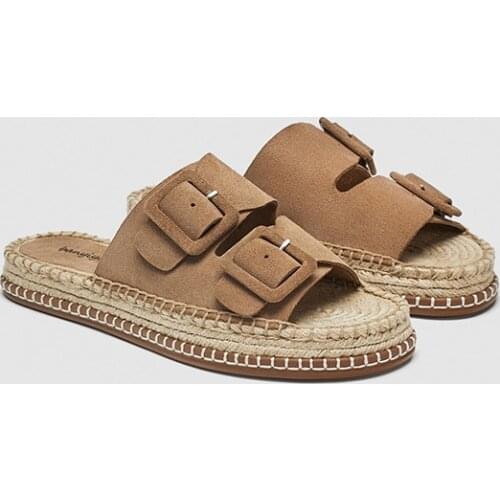 2021 Summer Slippers Woman Genuine Leather Straw Thick Sole Fishermans Shoes Slipper Holiday Flat Platform Sandals Suede Shoes