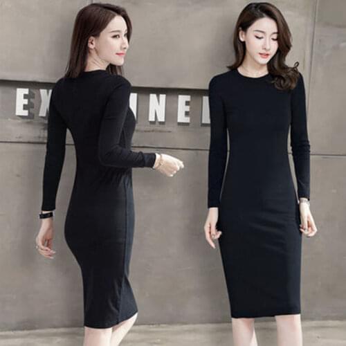 S-4XL Solid Elegant Dress Women Autumn Winter O-neck Long Sleeve Dress Lady Slim Bodycon Casual Dress Office Lady Dress