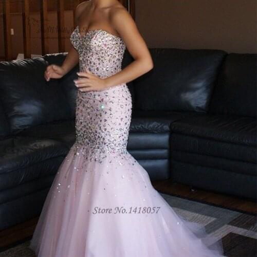 Pink Luxury Crystals Evening Dress Mermaid Long Elegant Prom Dresses Abendkleider 2017 Vestido Longo de Festa Arab Evening Gowns
