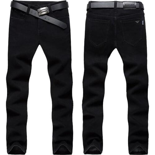 Winter Japanese and Korean Fashion Jeans Mens Warm Slim Thick Fleece Stretch Jeans