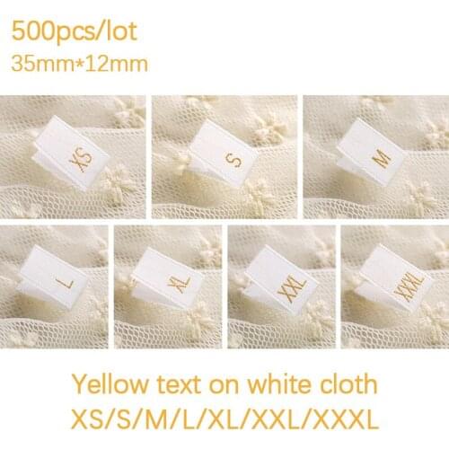 500Pcs Clothing Size Label Yellow White Garment Clothes T Shirt Dress Cloth Fabric Label Tag XS S M L XL XXL XXXL 35*12mm