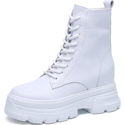 ADBOOV Genuine Leather Short Boots Women Height Increasing 8 CM Platform Anke Boots Fur Lning Winter Shoes Ladies