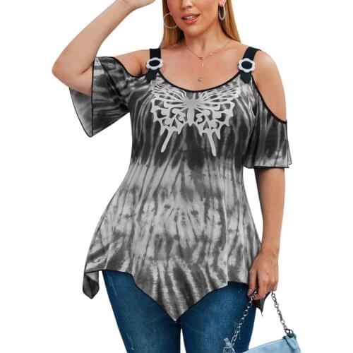 Plus Size Tops for Women 2021Womens Casual Butterfly Cold Shoulder Handkerchief Tops Tee T-Shirt Summer Pinted рубашка женская