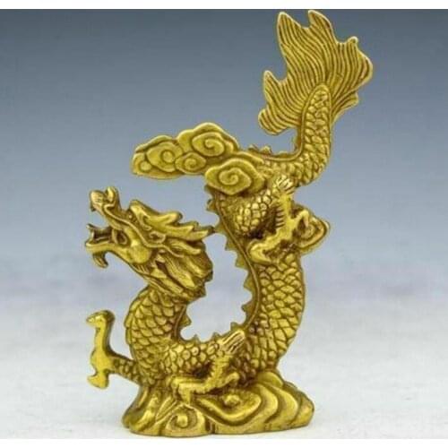 Exquisite Old Brass Hand Made Fengshui Lucky Auspicious Clouds Dragon Statue
