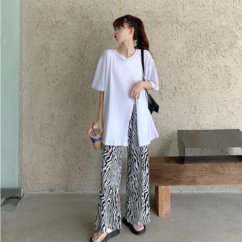 Summer Womens Clothing Fashion Mid Length T Shirts High Waist Pants Popular Zebra Pattern Loose Wide Leg Pants Two Piece Suit