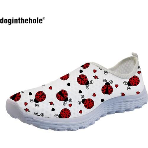Doginthehole Cute Animal Print Flats Womens Shoes Ladybug Pattern Light Mesh Sneakers Woman Breathable Loafers for Teen Girls
