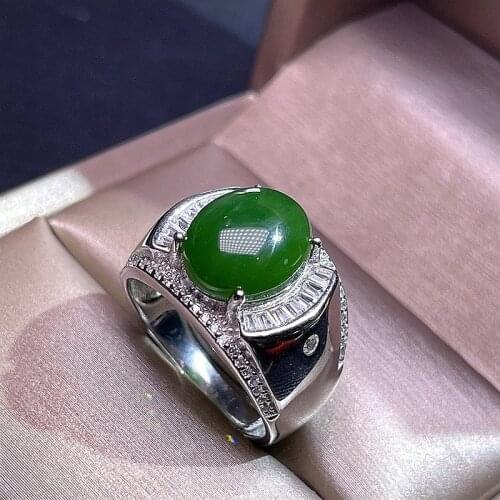 100% 925 silver inlaid natural Hetian jasper male ring