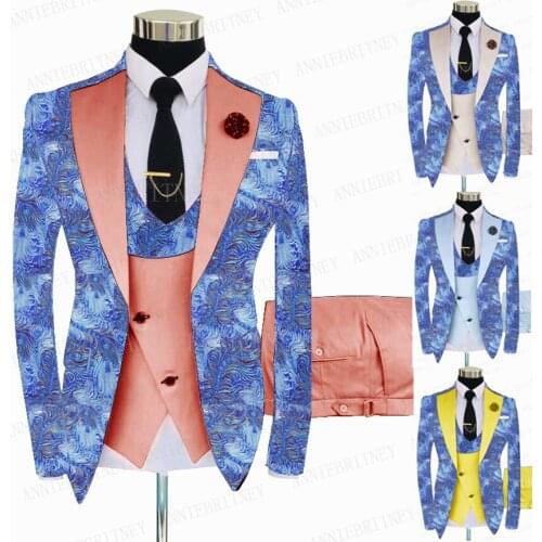 2021 Blue Floral Printed Men Suits Custom Slim Fit Formal Wedding Groom Shiny Jacket Prom Dinner Suit Blazer Vest Pants 3 Pieces