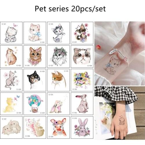 20Pcs/Set Cute Pet Design Water Transfer Waterproof Temporary Tattoo Stickers For Women Girl Body Art Fake Tattoos