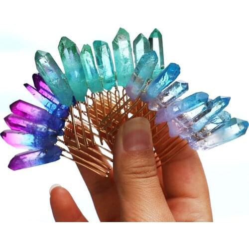 Natural Romantic Gradient Quartz Crystal Hair Comb Angel Aura Titanium Quartz Wand Accessories Healing Hairpins Jewelry Gift