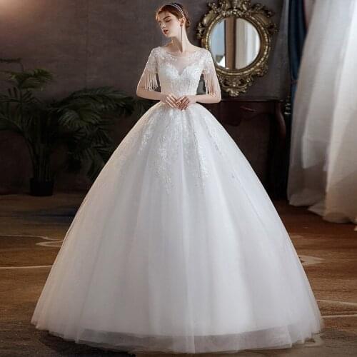 2021 Bridal Dress O-Neck Short Sleeve Wedding Dress Bridal Gown Lace Applique Simple Ball Gown Robe De Mariee
