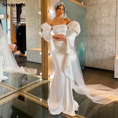 Sevintage Mermaid Long Sleeves Satin Wedding Dress Off the Shoulder Strapless Bride Gowns Sweep Train Custom Made Priness Dress
