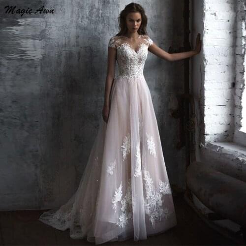 Magic Awn Blush Pink 2021 Wedding Dresses Lace Appliques Illusion Cap Sleeves Boho A-Line Beach WeddingParty Dress Robe Mariee