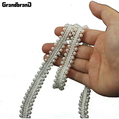 10yards Craft Braided Beaded White Fake Pearls Trim Embroidered Lace Ribbon Trim Costume Applique Sewing on Trim 12mm t477