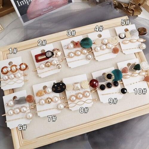 New 3pcs/1Set Korea Vintage Imitiation Pearl Hairpins Fashion Hair Accessories Houndstooth Button Imitiation Pearl Hair Clips