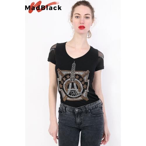 Summer Korean Clothes T-shirt Fashion Diamonds Eiffel Tower Women Tops Ropa Mujer Nylon Sexy Back Shirt Tees 2020 New T04817