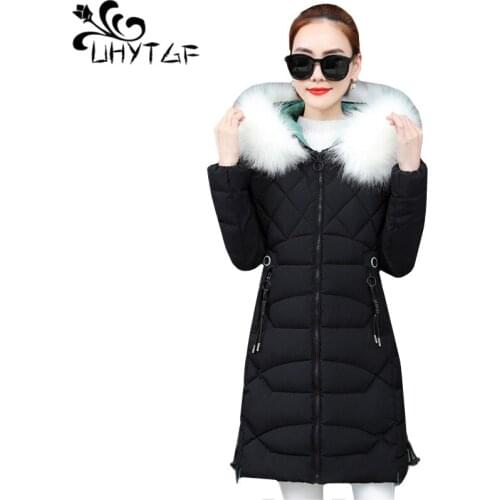 UHYTGF Women winter jacket New down jacket parkas mujer 2019 Fur collar hooded cold warm winter down cotton jacket plus size 473