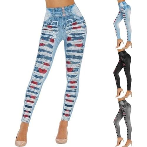 Women Rose Print Denim Sports Imitate Jeans Buttocks Legging High Waist Pants Breathable Workout Jogging Fashion Pencil Pants