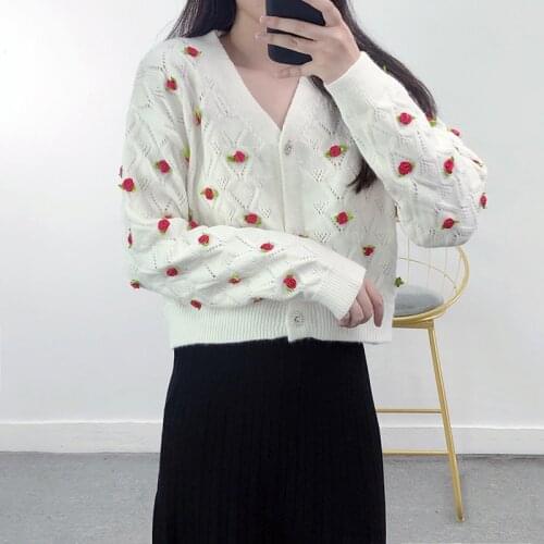 3D Rose Appliques White Cute Cardigan Women 2021 Autumn Crochet Hollow Out Knitted Cardigan Korean Fashion Crop Top Sweater Tops
