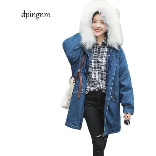 Women Denim Winter Coat 2018 Casual Loose Print Patchwork Plus Velvet Thick Outerwear Tops Warm Long Denim Padded Jacket Female
