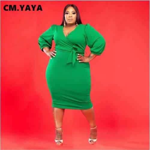 CM.YAYA Women Plus Size Dress Solid V-neck Three Quarter Puff Sleeves Midi Dress Sexy Party Slim Dress Autumn 2021