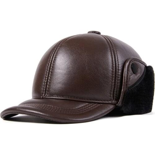 Winter Mens Plus Velvet Warm Baseball Caps Earmuffs Hats Cowhide Leather Cap Ear Protection Ski Cap Natural Genuine Leather Hat