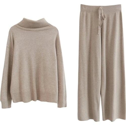 2021 Fashion Womens Autumn Winter Sweater Set Women Knitted Sweater 2-Piece Set (High Collar Sweater+Long Pants) Leisure Clothi
