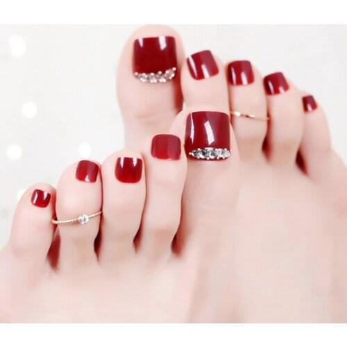 24pcs/Set fashion Red wine Solid color foot nails Bridal nail Summer With drill Powd toenails High quality Fake nail patches