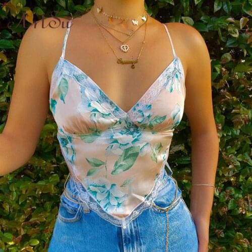 ArtSu Women Lace Trim Cami Top Lace Up Floral Print V Neck Strappy Y2k Cropped Top Girls Sexy Crop Top Summer Camisole Club