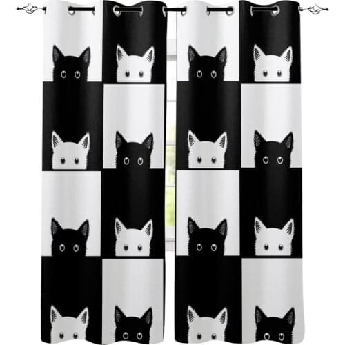 Black White Plaid Cat Window Curtains LivingRoom Kitchen Curtains Left and Right Biparting Open