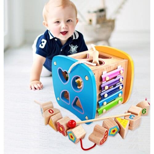 Montessori Wooden Puzzle Multifunctional Cube Toys Musical Taste Developing Shape Matching Exercise Creative Brain Training