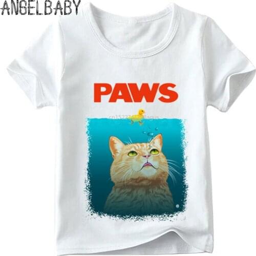 Children Paws Cat Print Funny T shirt Boys and Girls Summer Casual Tops Kid Soft White T-shirt,ooo2034