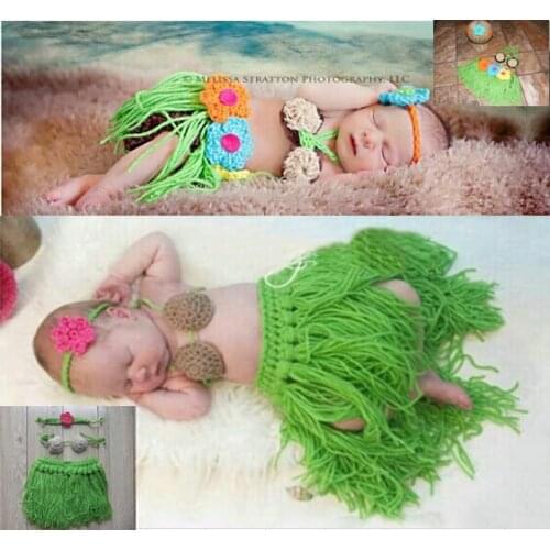 Girl Baby Newborn Beach Hula Grass Skirt Set Crochet Knit Photography Photo Props , girl headdress coconut bra grass skirt Sets