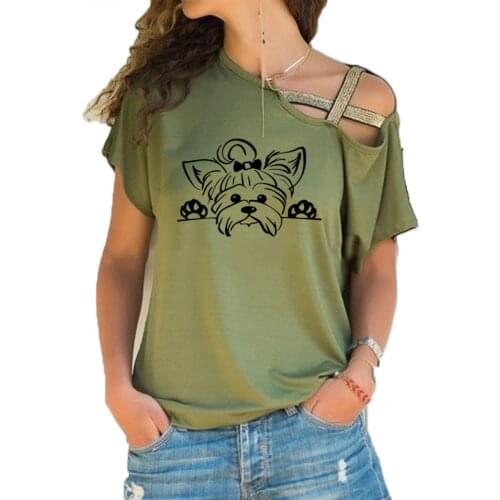 Yorkshire Terrier T Shirt Women Cotton Short Sleeve Girls Tshirt Puppy Peeking Yorkie Dog T-shirt Irregular Skew Cross Bandage T