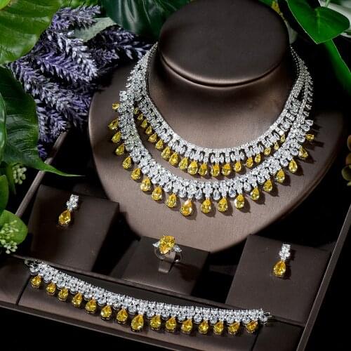 HIBRIDE Luxury 4pcs Earrings and Necklace Jewelry Set Water Drop Yellow Color Women Bridal Wedding Jewelry Accessories N-1296