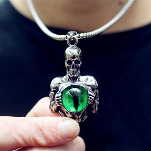 Personality Mens Skull Necklace Motorcycle Party Gothic Style Biker Chain Blue/Green Glass Necklace Rock and Hip Hop Jewelry