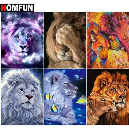 HOMFUN Paint With Diamond Embroidery "Lion beast animal" Diamond Painting Full Square Round Picture Of Rhinestone Decor