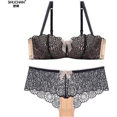 SHUCHAN Pretty Mary Women1/2 Cup Push Up Bra And Panties Sets Sexy Lace-trim Plunge Bra Underwear Sexy Lingerie 14055