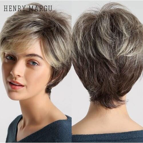 HENRY MARGU Ombre Brown Blonde Short Hair Wigs With Bangs Fluffy Pixie Cut Synthetic Wig for Black White Women Heat Resistant