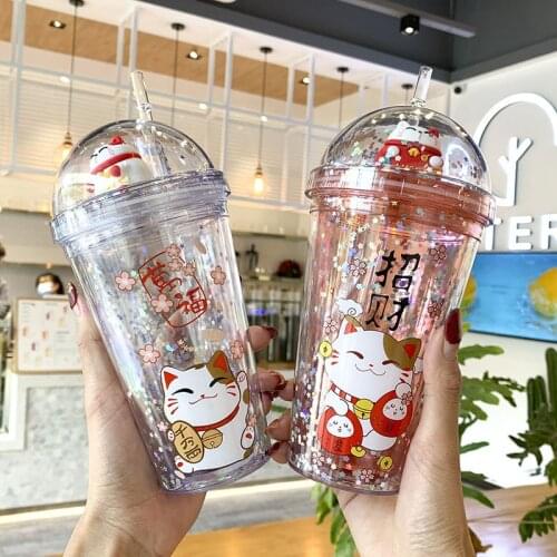 Creative Lucky Cat water bottle with Straw Japanese pink cute Ice Cup for kids girls Double wall Drinking Cup for gifts