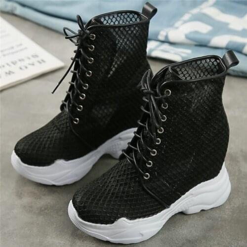 Summer Fashion Sneakers Women Round Toe Wedges High Heel Ankle Boots Female Hollow Mesh Platform Pumps Shoes Lace Up Casual Shoe