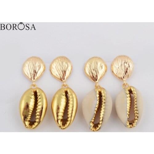 BOROSA Wholesale 5Pairs Full Gold/Gold Electroplated Natural Cowrie Shell Drop Earrings Women Jewelry Factory Outlet G1786