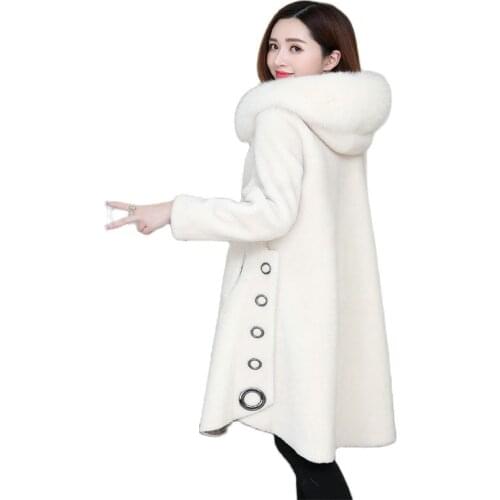 Granule sheep sheared fur coat female long section Tide winter new fox fur hooded one fur coat