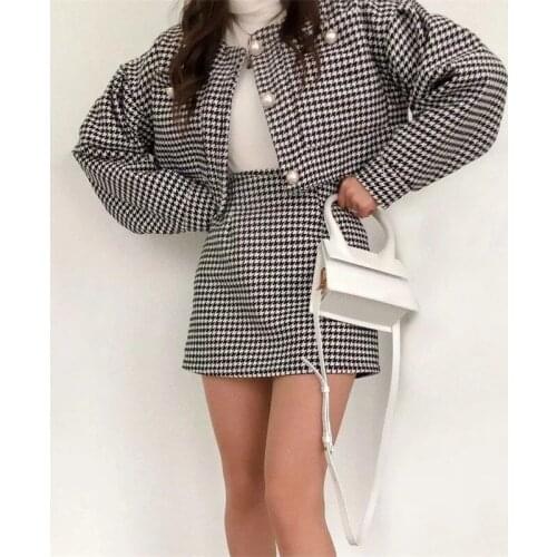 MESTTRAF Women 2021 Fashion Houndstooth Suit Round Neck Pocket Faux Pearl Button Short Jacket High Waist Short Skirt Streetwear