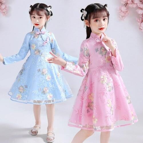 Chinese Girls Embroidery Cheongsam Dress Vintage Flower Girl Dress Sweet Evening Party Dress Skirt Kids New Year Dress Cosplay