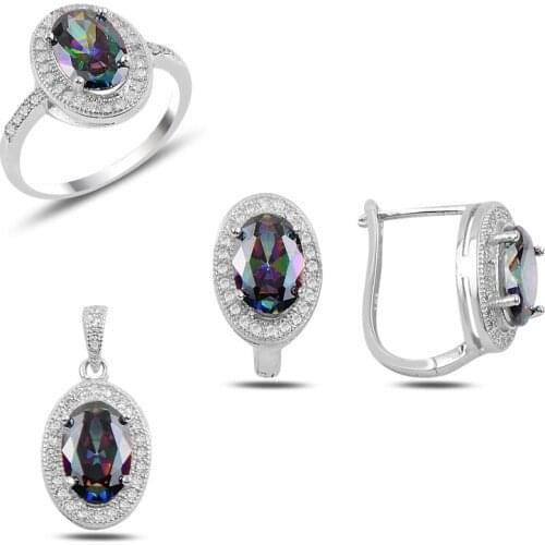 Silver 925 Sterling Mystic Topaz Zircon Engagement Set