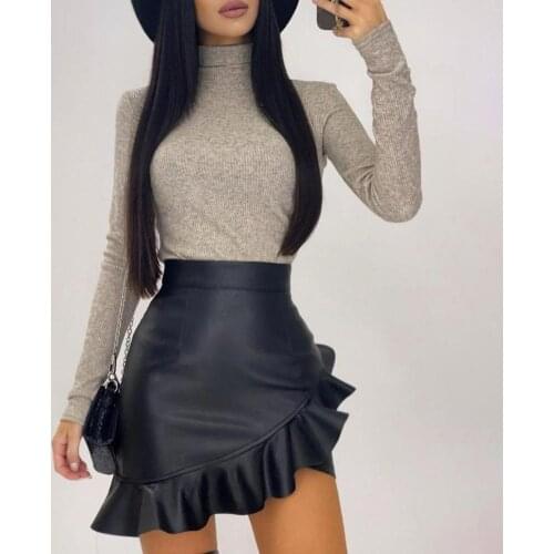 Sexy Leather Pu Skirt For Ladies Black Ruffle Asymmetric Women Mini Skirt High Waist Flare Fashion Office Female Skirt D25