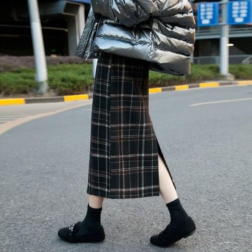2021 New Autumn Winter Women Vintage Plaid Print Casual A Line Skirt Faldas Mujer Female Side Zipper Split Slimming Vestidos